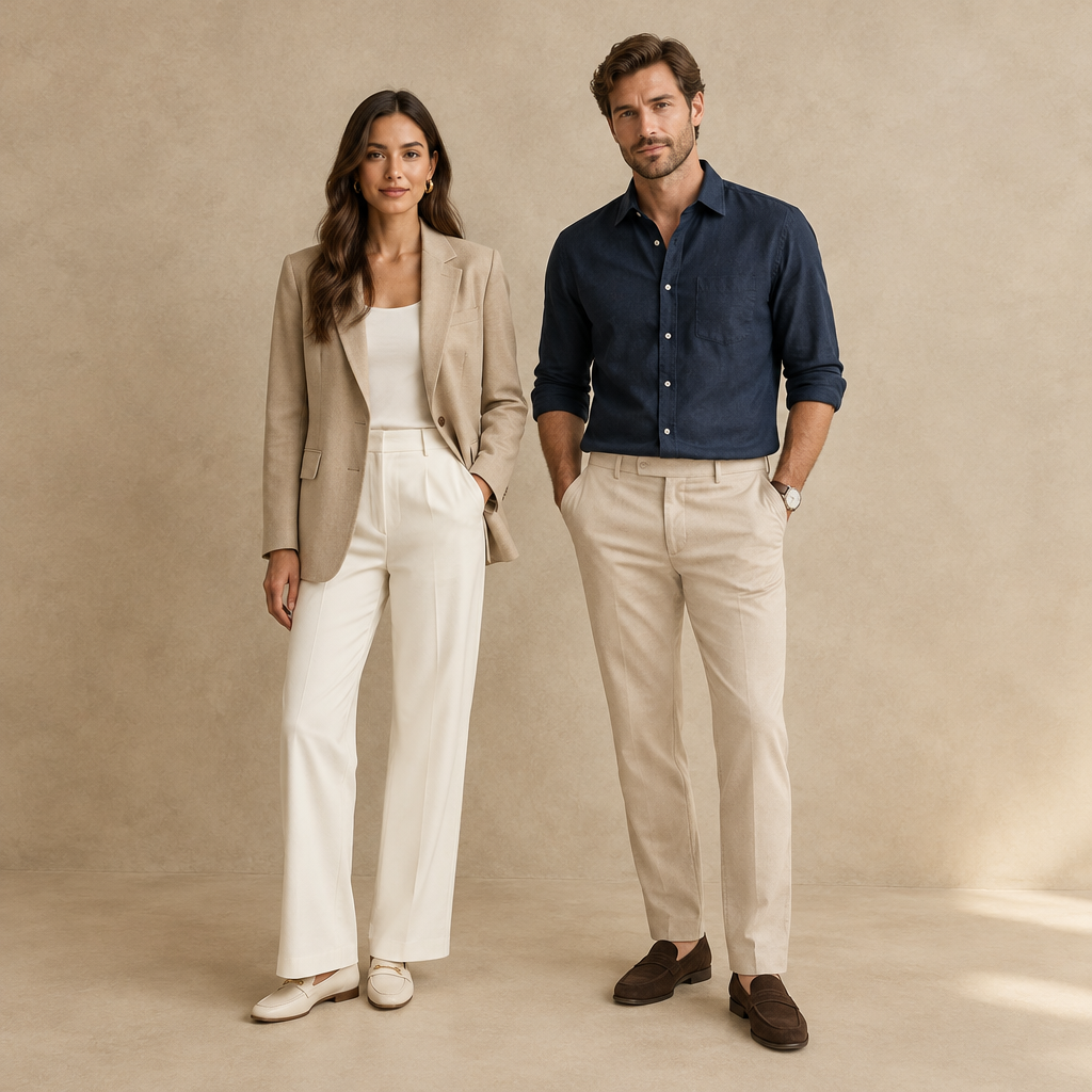 Woman in a beige blazer and ivory trousers beside a man in a navy shirt and beige trousers against a warm beige background.