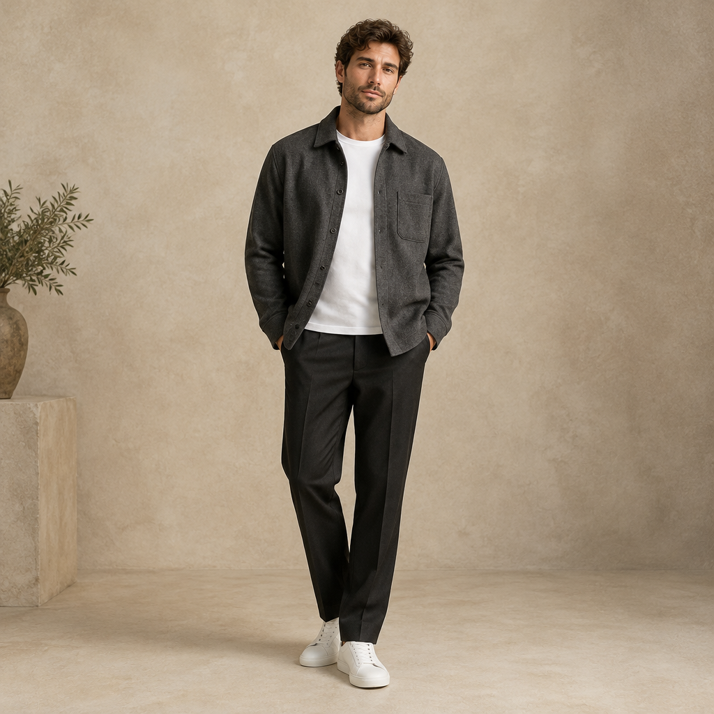Man wearing a charcoal overshirt, white T-shirt and dark trousers against a beige studio background.