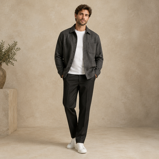 Man wearing a charcoal overshirt, white T-shirt and dark trousers against a beige studio background.