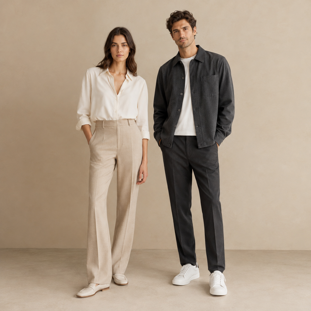 Woman in an ivory blouse and beige trousers beside a man in a charcoal overshirt and dark trousers against a beige background.
