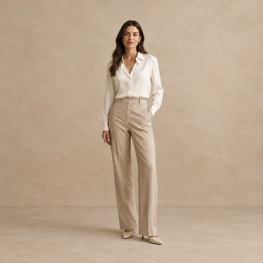 Woman wearing an ivory blouse and beige trousers, Anoluxe women’s clothing collection.