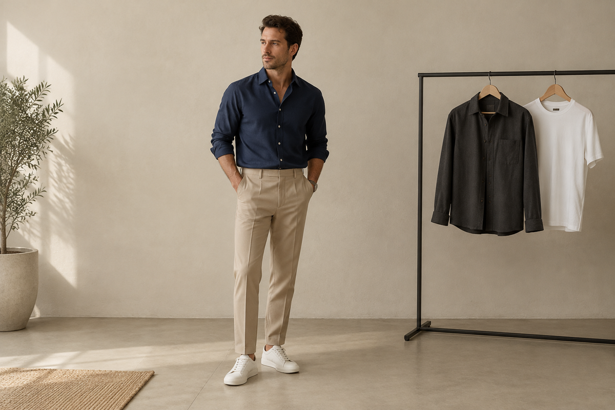 Man in a navy shirt and beige trousers beside a clothing rack holding a charcoal shirt and white T-shirt.